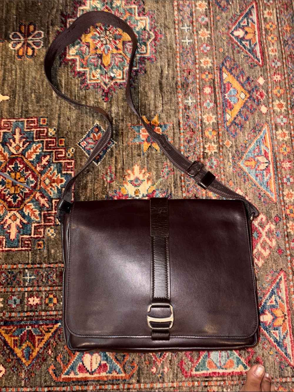 Salvatore Ferragamo Dark Brown Leather Messenger Bag with Adjustable Strap